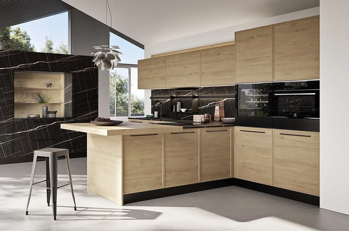 Cucina con penisola in legno rovere chiaro Q01