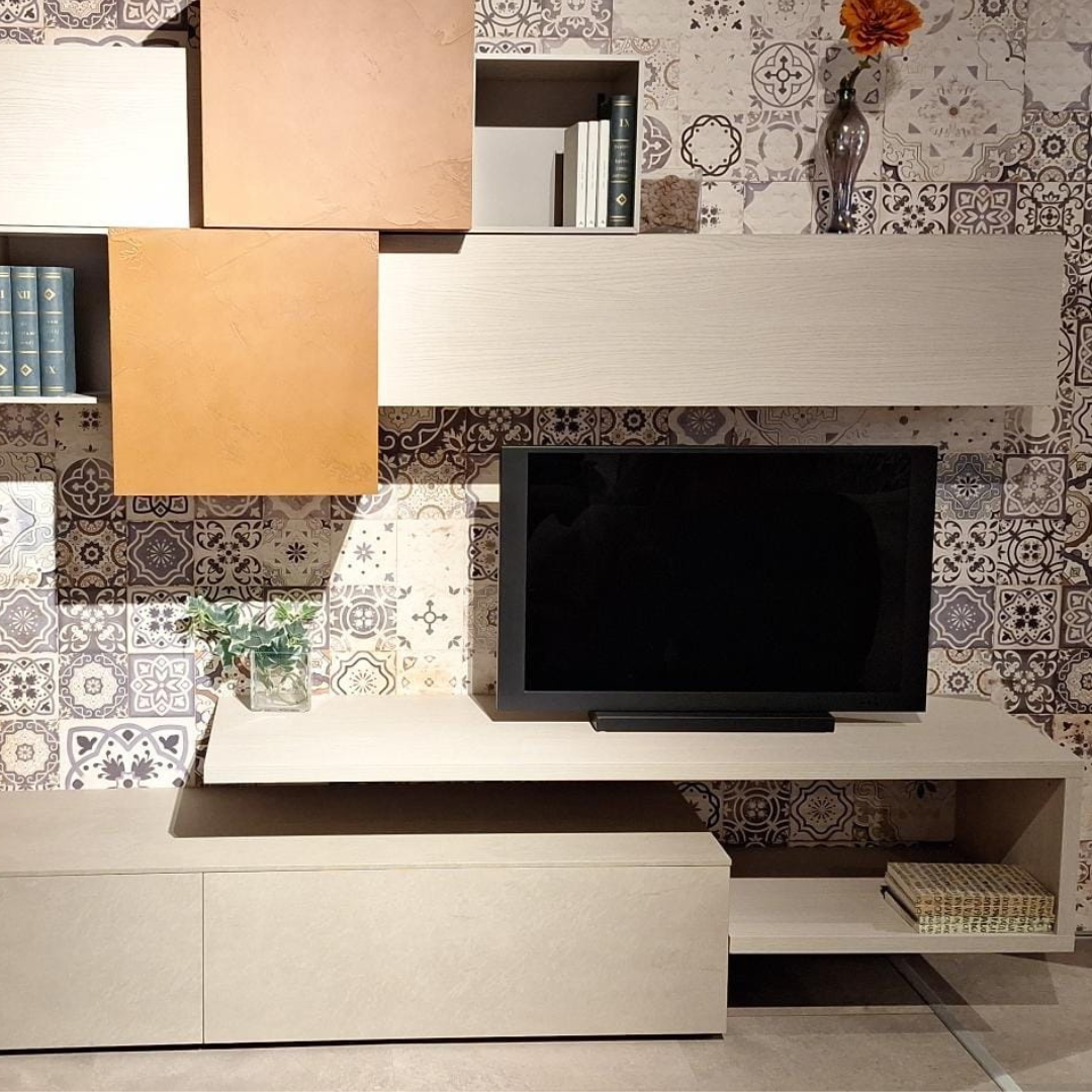 Soggiorno mobile TV argilla frassino e malta mattone L.303