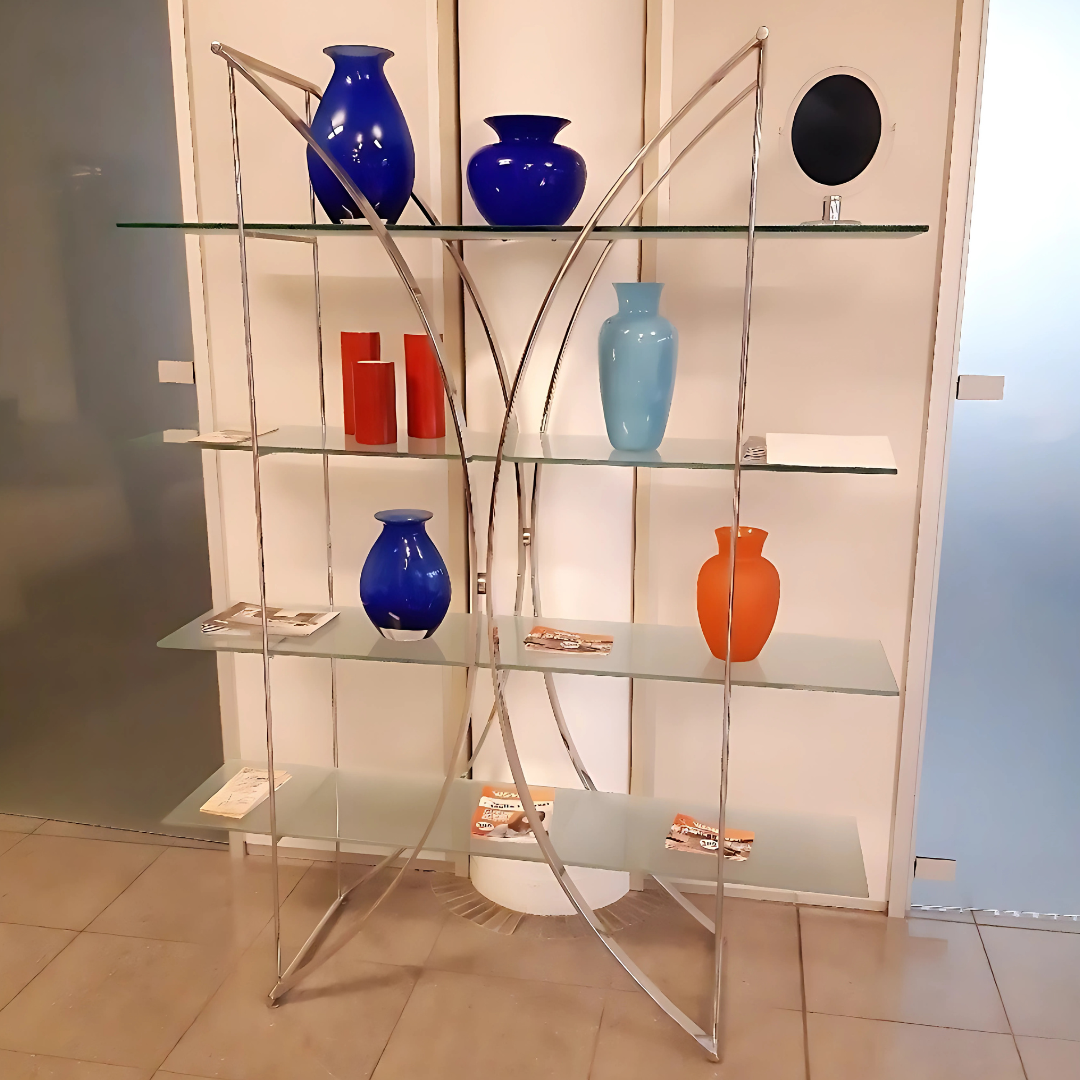 ✨ Libreria di design in metallo cromato e vetro acidato – Prezzo Outlet -50% 🔥